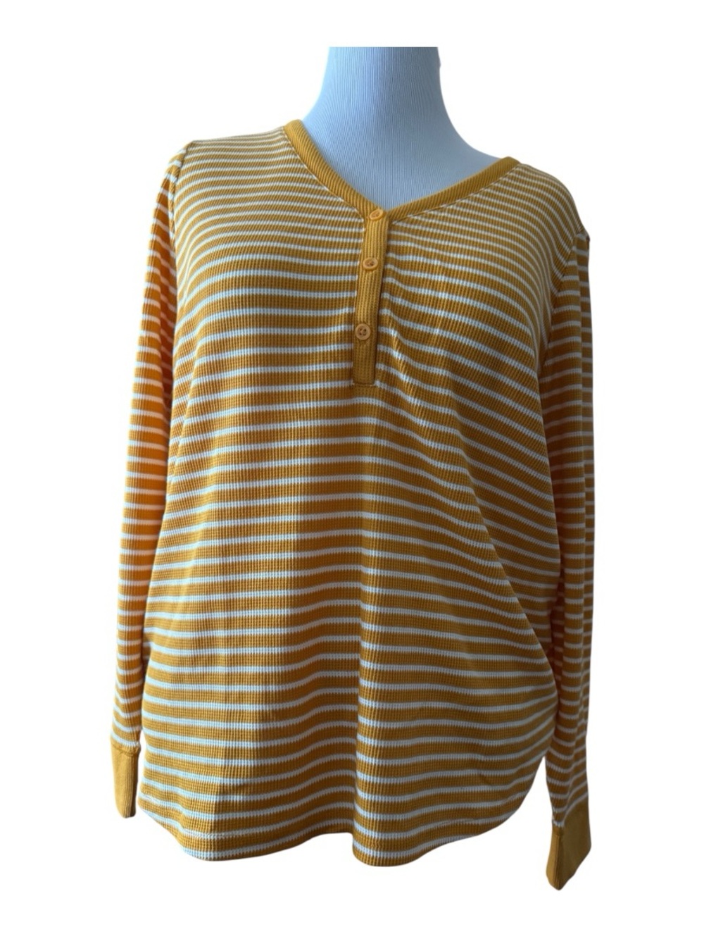 Style & Co. Yellow and White Striped Henley Long Sleeve Knit Top - 2X - NWT
